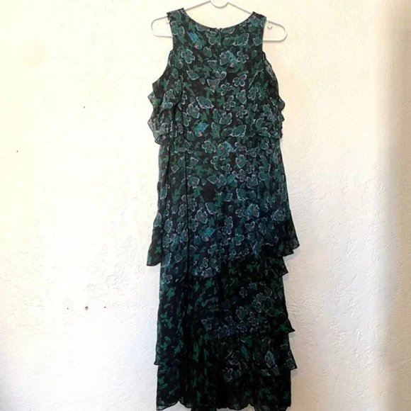 Tanya Taylor Green Floral Althea Silk Ruffle Midi Cold Shoulder Dress whimsigoth - Picture 7 of 13
